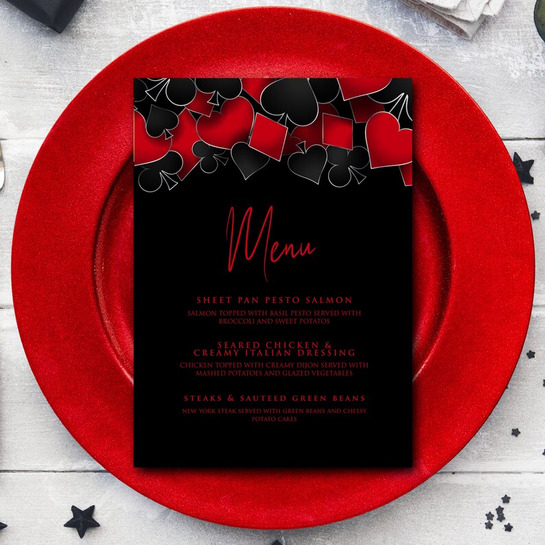 Casino night dinner menu bundle designed with hearts, diamonds, clubs, and spades framing the top in red and black. Designed By MetroEvents.