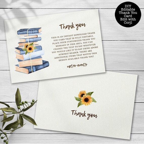 Book Lover Thank You Cards, Sunflower Thank You Card, Vintage Books Thank You Card, Thank You Notes, Editable Card, Printable Thank You Card Il_570xn