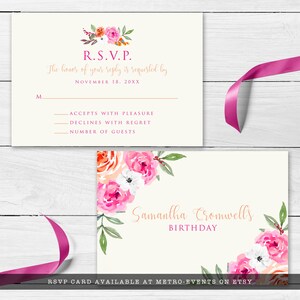 May include: Cream RSVP card with floral watercolour design. The top card reads "R.S.V.P." and includes space for a reply. The bottom card says "Samantha Cromwell's Birthday" with floral accents. A magenta ribbon is draped across the cards.