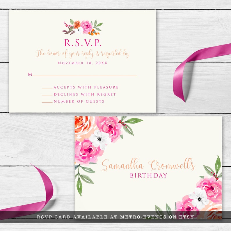 May include: Cream RSVP card with floral watercolour design. The top card reads "R.S.V.P." and includes space for a reply. The bottom card says "Samantha Cromwell's Birthday" with floral accents. A magenta ribbon is draped across the cards.
