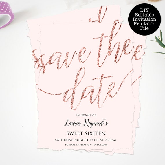 Blush Pink Glitter Save The Date Card, Pink Glitter Save the Date, Printable Save The Date Cards, Instant Download, Editable Card, Template Il_570xn