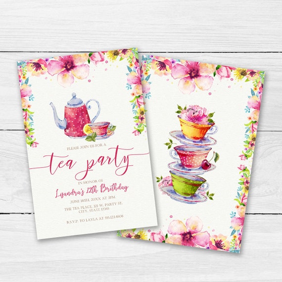 Tea Party Birthday Invitations Floral Tea Party Invitations Etsy