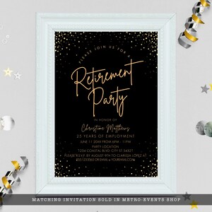 Modern Black and Gold Party Collection. Create your own customized party with this editable design. This invitation has a black background with gold specs around the corners and elegant typography.