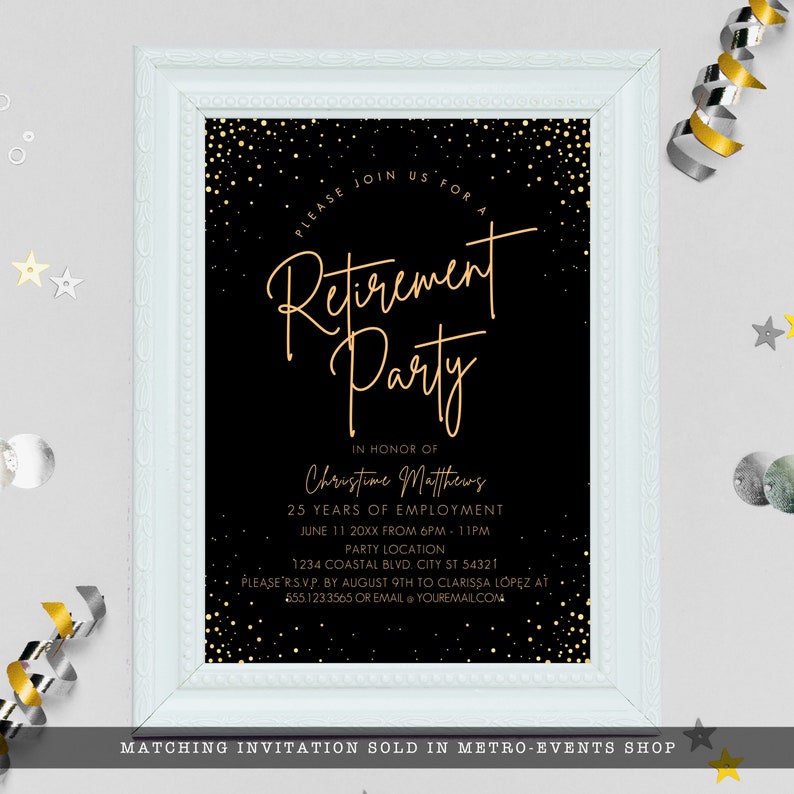 Modern Black and Gold Party Collection. Create your own customized party with this editable design. This invitation has a black background with gold specs around the corners and elegant typography.
