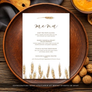 May include: A white menu with a wheat illustration at the top. The menu lists various food options, including sheet pan pesto salmon, seared chicken and creamy Italian dressing, steaks and sauteed green beans, and vadouvan and cashew-crusted tofu. The text at the bottom reads "Coordinating menu available at Metro-Events on Etsy."