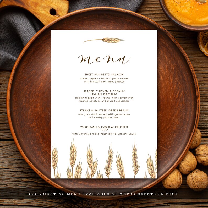 May include: A white menu with a wheat illustration at the top. The menu lists various food options, including sheet pan pesto salmon, seared chicken and creamy Italian dressing, steaks and sauteed green beans, and vadouvan and cashew-crusted tofu. The text at the bottom reads "Coordinating menu available at Metro-Events on Etsy."