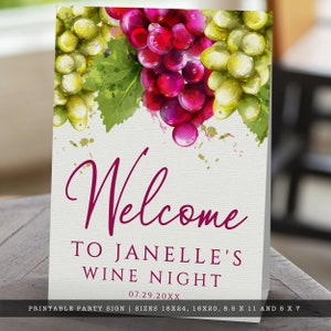 Housewarming, book club, girls' night? Wine night is a perfect theme for many occasions. This welcome sign is created with red and green grapes with a watercolor texture on a lightly textured background.