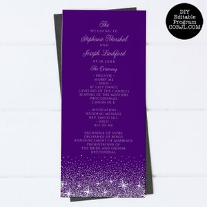 Puede incluir: Un programa de boda púrpura con detalles de purpurina plateada y texto blanco. El programa enumera los detalles de la boda, incluidos los nombres de la pareja, la fecha y el orden de la ceremonia. El programa también incluye el texto "DIY Editable Program CORJL.COM."