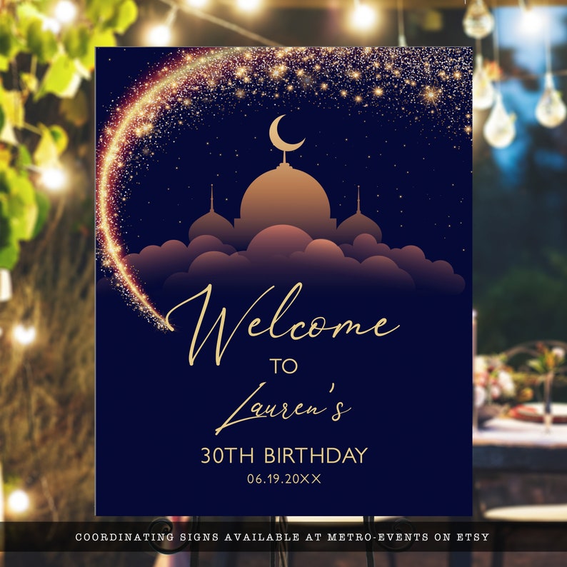 May include: A rectangular sign with a dark blue background featuring a gold crescent moon, a mosque silhouette, and a sparkling star trail. The text reads: Welcome to Lauren's 30TH BIRTHDAY 06.19.20XX. The design includes soft clouds and a starry night sky.