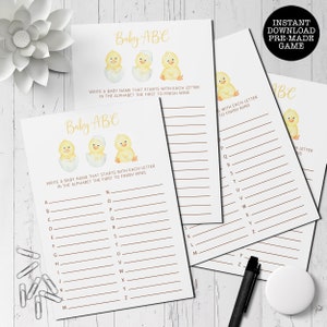 Juego de baby shower de pollito, juego de baby shower ABC, descarga instantánea, juego de ducha, juegos imprimibles, juegos de ducha prefabricados, juego de baby shower de pollito