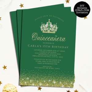 Green & Gold Glitter Quinceanera Invitations (Digital Download) image 1