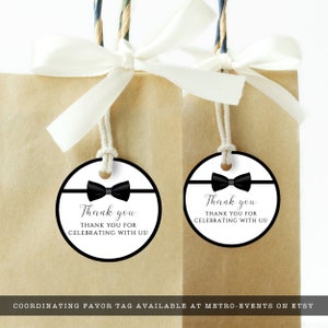 Editable black and white gift tag great for galas, black tie weddings, charity auctions, corporate parties & more. Featuring a tuxedo bowtie and elegant, editable typography. Designed by MetroEvents.