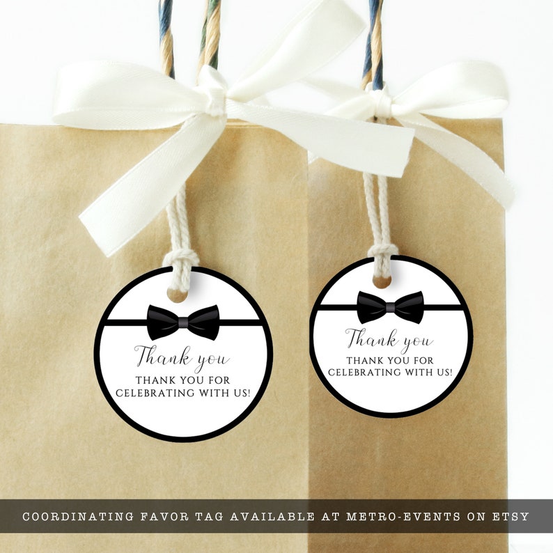 Editable black and white gift tag great for galas, black tie weddings, charity auctions, corporate parties & more. Featuring a tuxedo bowtie and elegant, editable typography. Designed by MetroEvents.
