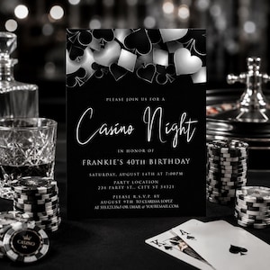 Op de afbeelding: Een zwart-witte uitnodigingskaart voor een casino-avond met zilveren speelkaartsymbolen aan de bovenkant. De tekst luidt: Please join us for a Casino Night in honor of Frankie's 40th Birthday, Saturday, August 14th at 7:00pm, 234 Party St., City St 54321, please R.S.V.P. by August 9th to Clarissa Lopez at 555.123.3565 or email at youremail.com.