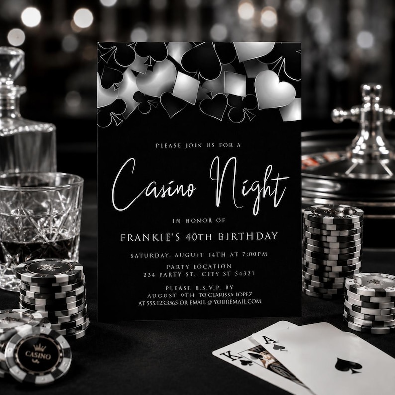 Op de afbeelding: Een zwart-witte uitnodigingskaart voor een casino-avond met zilveren speelkaartsymbolen aan de bovenkant. De tekst luidt: Please join us for a Casino Night in honor of Frankie's 40th Birthday, Saturday, August 14th at 7:00pm, 234 Party St., City St 54321, please R.S.V.P. by August 9th to Clarissa Lopez at 555.123.3565 or email at youremail.com.