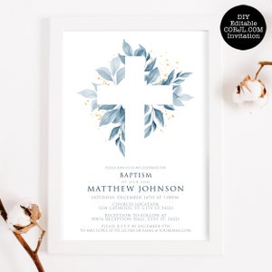 Blue Foliage Baptism Invitation, Baptism Invites, Printable Invitations, Instant Download, First Communion Invite, Christening announcements image 1