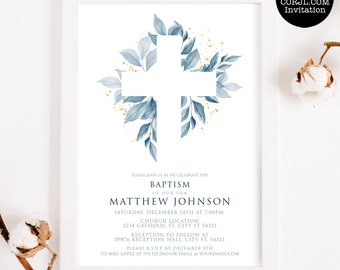 Blue Foliage Baptism Invitation, Baptism Invites, Printable Invitations, Instant Download, First Communion Invite, Christening announcements