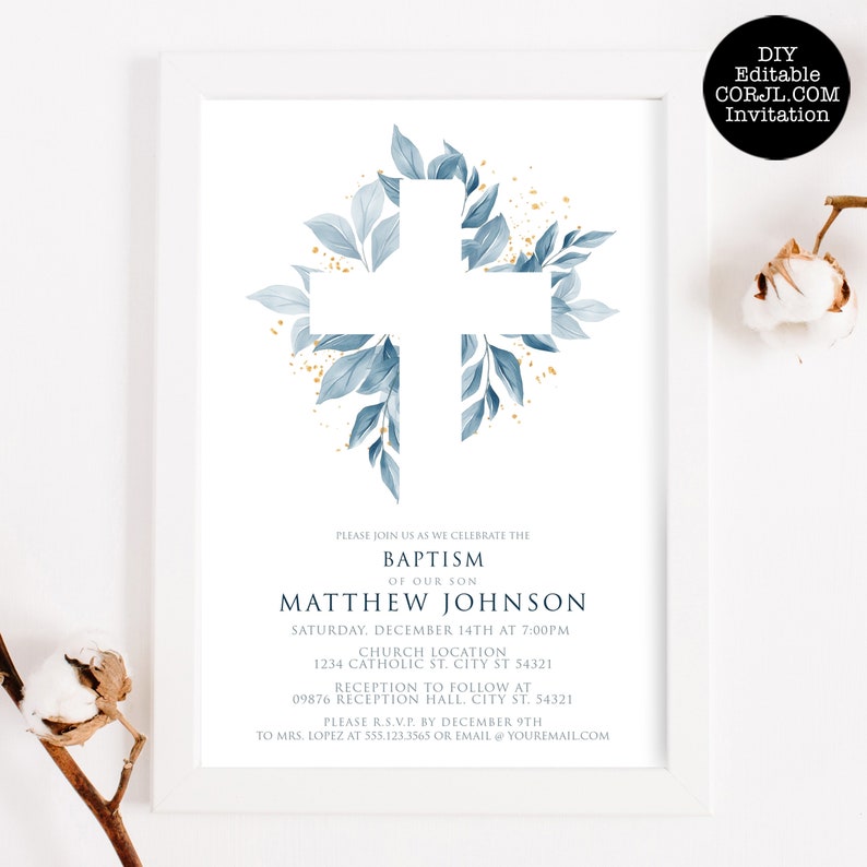 Blue Foliage Baptism Invitation, Baptism Invites, Printable Invitations, Instant Download, First Communion Invite, Christening announcements image 1