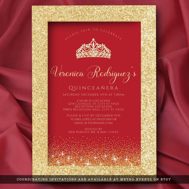 Red and Gold Glitter Quinceañera Invitations. Designed with sparkles, faux gold glitter, gold crown with diamond, and red background accents for a fabulous birthday. Designed By MetroEvents