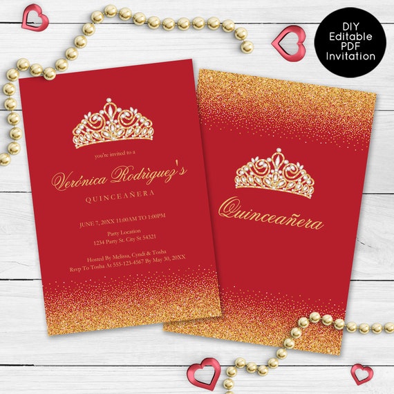 Red and Gold Glitter Quinceanera Invitations, Glitter Quinceanera Invitations, Red Quinceanera