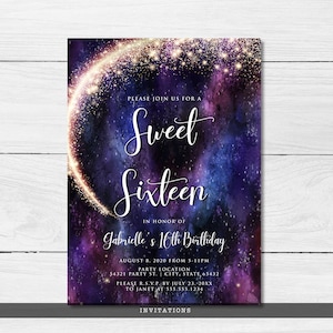 Night under the stars, galaxy-themed invitation. This design is created with a star-filled purple and blue starry sky background with a half-ring of shooting stars training through it. Designed by MetroEvents.