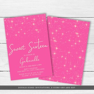 May include: Pink glitter background with white text that reads "Sweet Sixteen" in honor of Gabrielle. The text includes the date, time, location, RSVP information, and contact information for the event.