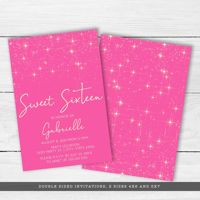 May include: Pink glitter background with white text that reads "Sweet Sixteen" in honor of Gabrielle. The text includes the date, time, location, RSVP information, and contact information for the event.