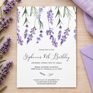 May include: A white rectangular invitation card featuring a watercolor illustration of purple lavender sprigs hanging from the top edge. The text reads: PLEASE JOIN US FOR Stephanie's 30th Birthday SATURDAY, MARCH 14TH AT 3:00pm BRIDAL SHOWER LOCATION 09876 Bridal Ct, Wedding city St. 54321 PLEASE R.S.V.P. BY DECEMBER 9TH TO LAURA DEAN AT 555.123.3565 OR EMAIL@YOUREMAIL.COM