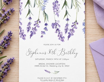 Lavender Floral Birthday Invitation, Editable Purple Flower Party Invite, Printable Birthday Invitation for Women, Corjl Template