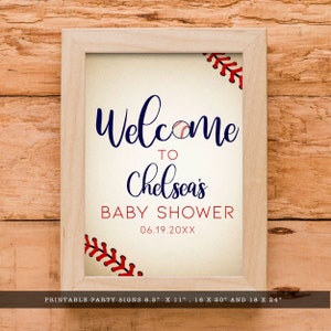 Vintage Baseball Baby Shower Welcome Signs. Created with a vintage texture background accented with baseball laces. Designed by MetroEvents.