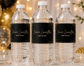 Black Gold Sweet 16 Water Bottle Labels, Editable Birthday Water Bottle Wrapper, Custom Party Favor Label, Printable Water Bottle Stickers