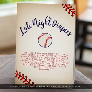 Vintage Baseball Baby Shower Diaper Signs. Created with a vintage texture background accented with baseball laces. Designed by MetroEvents.