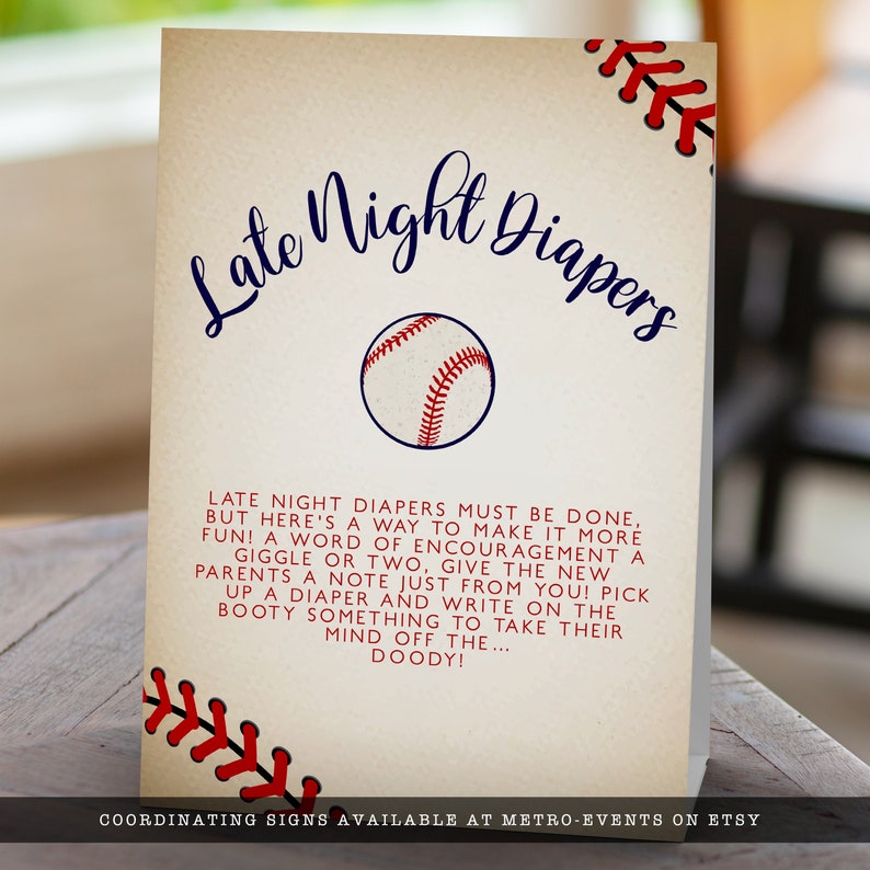 Vintage Baseball Baby Shower Diaper Signs. Created with a vintage texture background accented with baseball laces. Designed by MetroEvents.