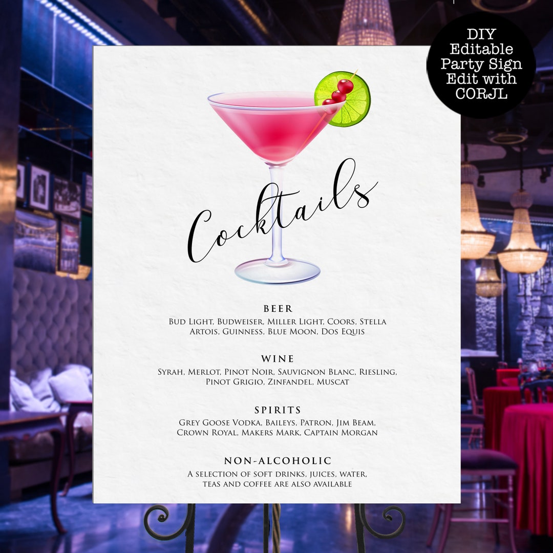 Pink Drink Menu Sign Bar Menu Cosmo Menu Template Editable Etsy