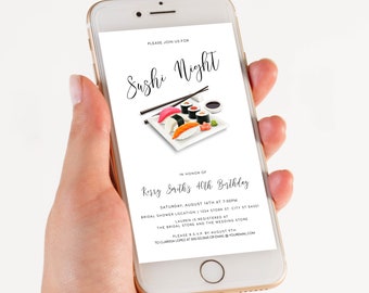 Sushi Night Evite, Sushi Party SMS Invitation, Minimalist  Invitation, Printable Invitations, Sushi Party Invite, Corjl Template