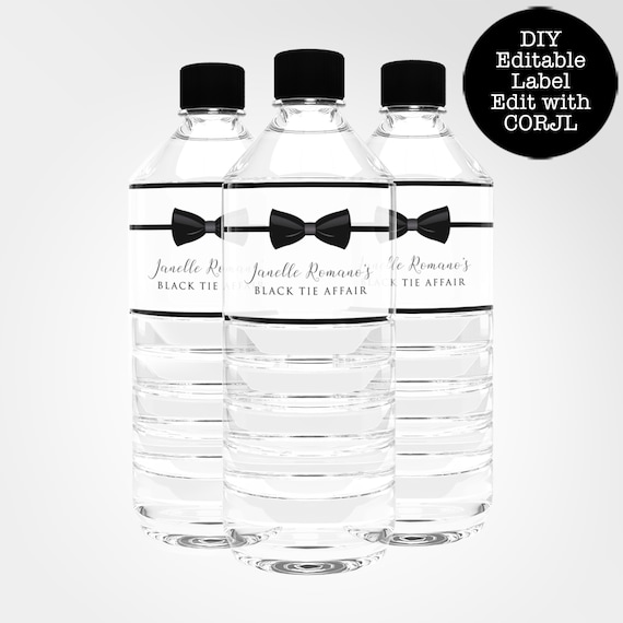 Black Tie Water bottle Labels, Printable Drink Labels, Custom Labels