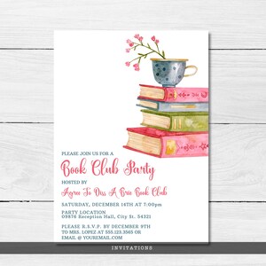 May include: A white invitation card featuring a watercolor illustration of a stack of three books topped with a blue polka-dot teacup containing pink flowers. The text reads: Please join us for a Book Club Party hosted by Agree To Diss A Brie Book Club.