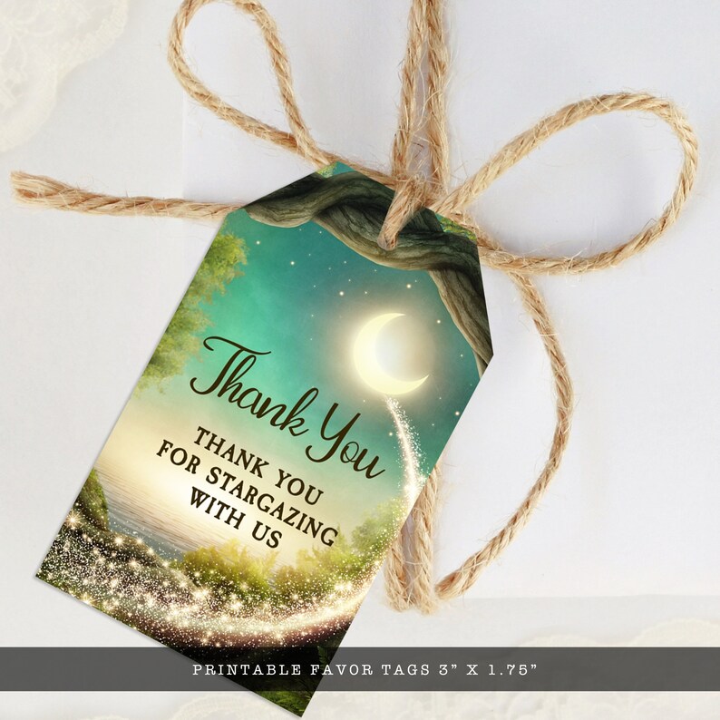 May include: Printable thank you tags with a whimsical forest scene, a crescent moon, and sparkling stars. The text reads "Thank You" and "Thank you for stargazing with us". The tags are 3 inches by 1.75 inches.