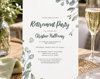 Editable Retirement Party Invitation, Greenery Retirement Celebration Invite, Retirement Open House Invitation, Printable Retirement Invite