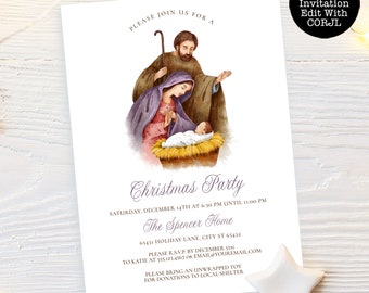 Holiday Party Invitations, Religious Editable Template, Printable Invitation, Holiday Party Invitations, Corjl Template, Baby Jesus Invite