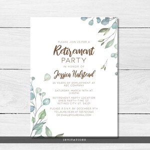 Greenery, Cottagecore-Style Retirement Party Invitations. Features soft green leaves covering the corners with a watercolor-style texture. Designed By MetroEvents.