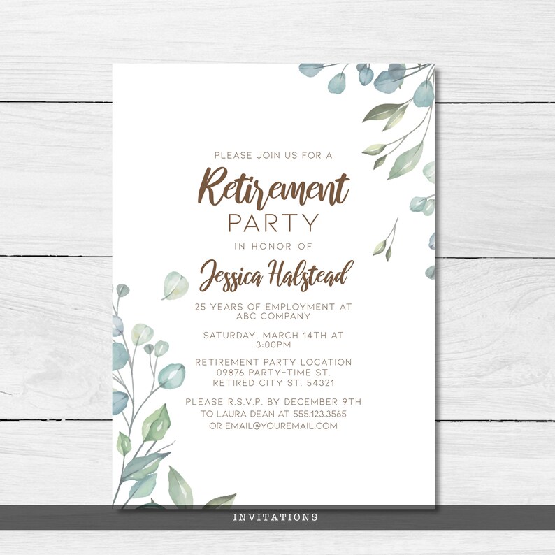 Greenery, Cottagecore-Style Retirement Party Invitations. Features soft green leaves covering the corners with a watercolor-style texture. Designed By MetroEvents.