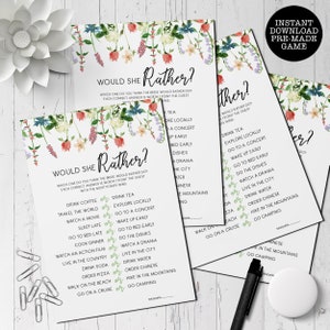 Wildflower Boho Bridal Shower Game, Would She Rather, Floral Bridal Games, Instant Download, Shower Game, Printable Game, Instant Download