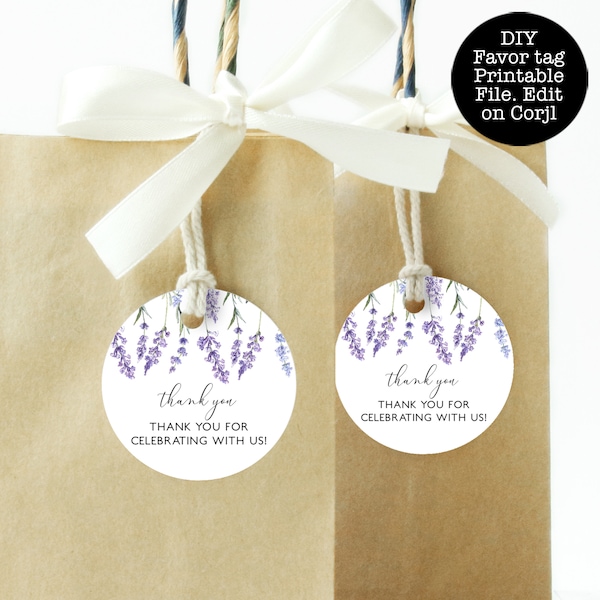 Editable Gift Tags, Round Favor Tags, Editable Gift Tags, Printable Favor Tag, Lavender Gift Tags, Corjl Template, Purple Flower Favor Tags