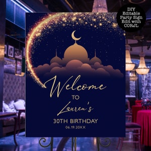 Arabian Nights Welcome Sign: Navy & Gold Party Decor (Corjl Template)