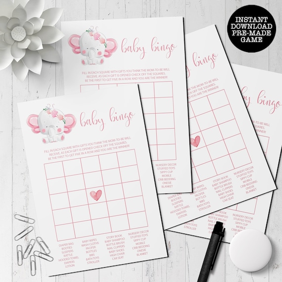 Baby Shower Bingo Game, Girl Baby Shower, Pink Baby Shower Game, Instant Download, Elephant Baby Shower Bingo, Printable Game, Pre-made Game Il_570xn