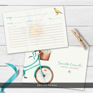 Rustic Bicycle and Daisy-Themed Bridal Shower Recipe Cards. This whimsical design is created with a vintage teal green bicycle with daisy accents and a yellow canary. Designed By MetroEvents.