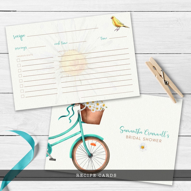 Rustic Bicycle and Daisy-Themed Bridal Shower Recipe Cards. This whimsical design is created with a vintage teal green bicycle with daisy accents and a yellow canary. Designed By MetroEvents.