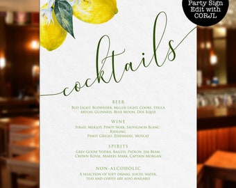 Lemon Drink Menu Sign: Editable Bar Sign Template (Instant Download)