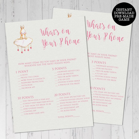 What's on your phone game, Bunny Themed, Printable Game, Premade Baby Shower Game, Baby Shower Game, Girl Baby Shower Game, Instant Download Il_570xn